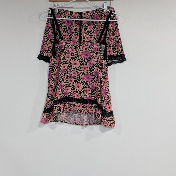 Rene Rofe Floral Animal Print Lace Sleep Set Tank & Shorts Black Pink Size Large - Picture 2 of 7